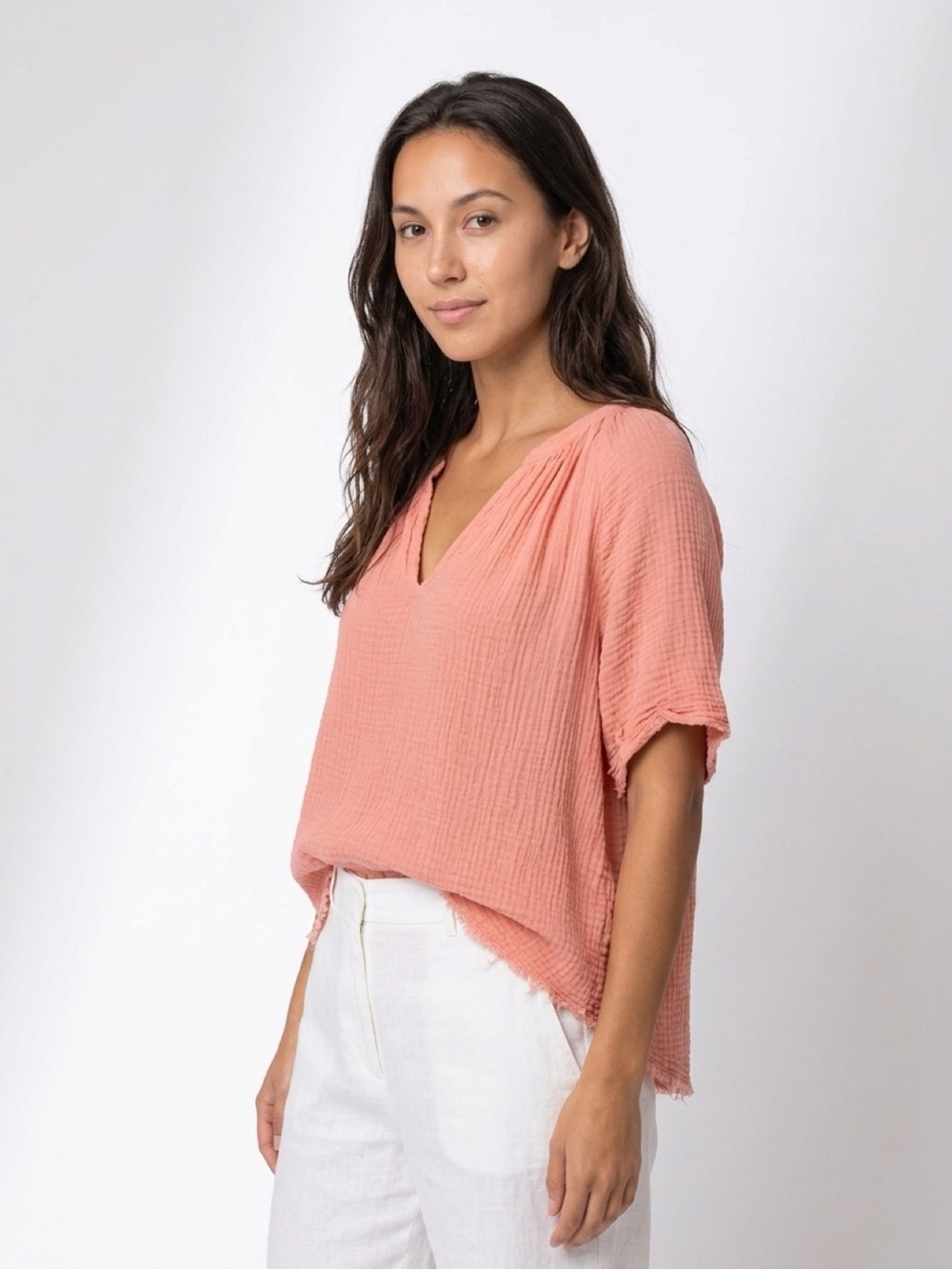 Relaxed V-Neck Gauze Blouse in Dusty Coral